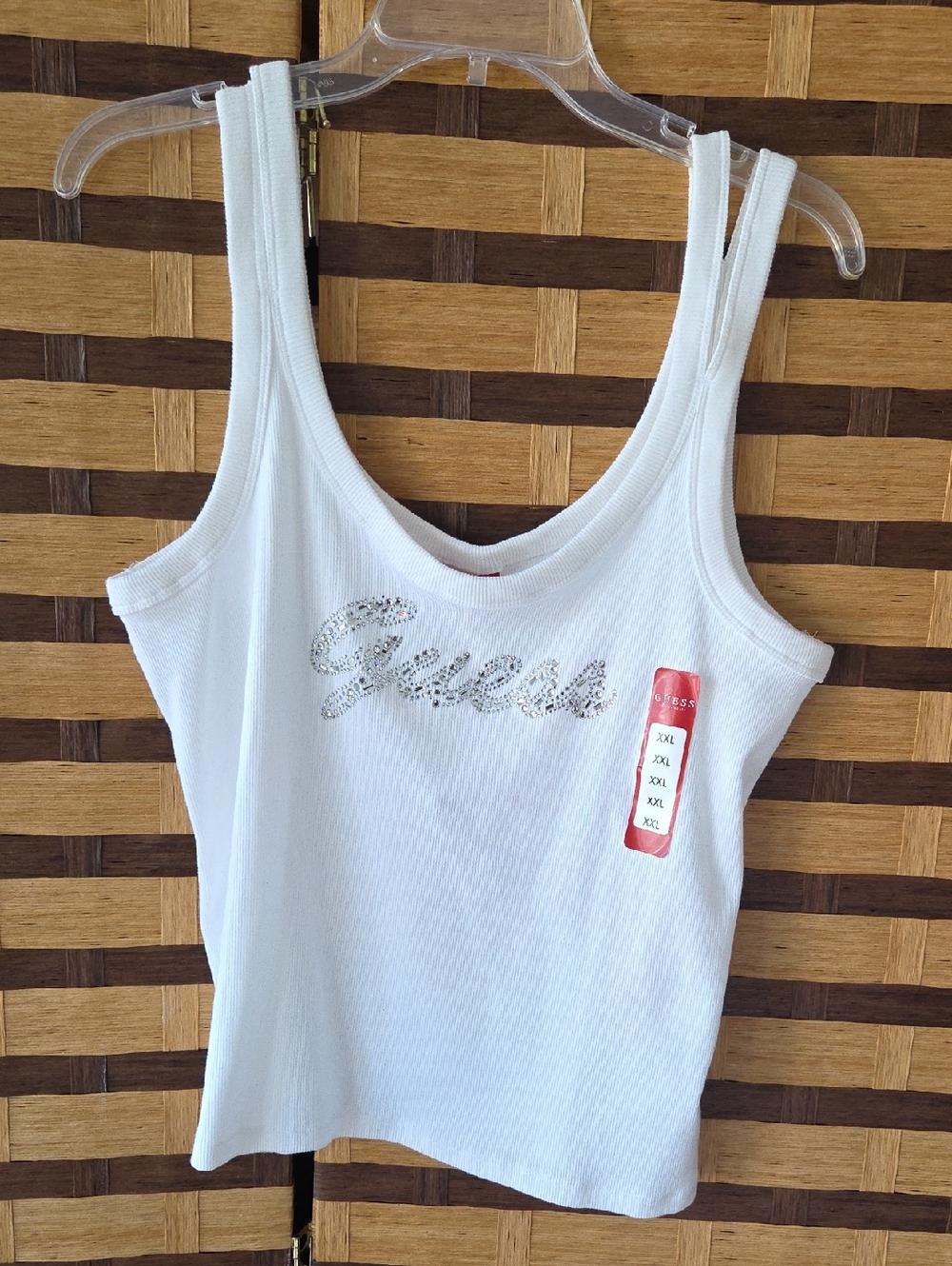 Guess White Ribbed Tank with Crystal Logo